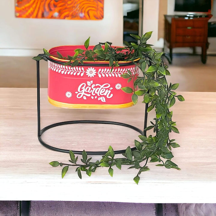 DanDiBo Blumenhocker mit Topf Metall Stehend Rot Oval 24 cm Blumenständer 96526 S Blumensäule Modern