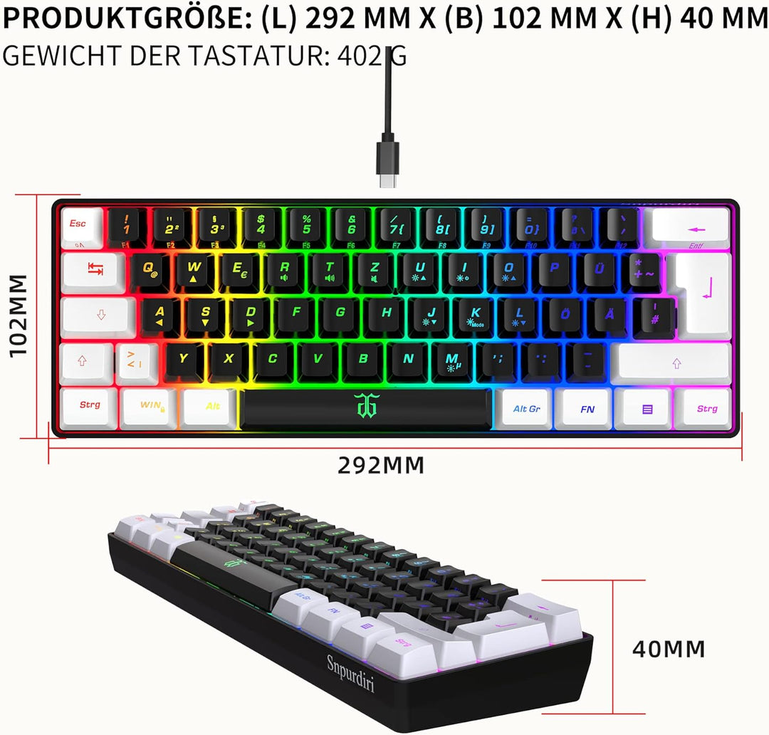 Snpurdiri 60% kabelgebundene Gaming-Tastatur, kleine, tragbare kompakte RGB-Tastatur für PC, Mac, Bü