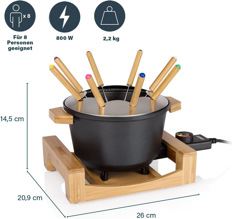 Princess Bambus Fondue Pure Black - geeignet für bis zu 8 Personen, 800 Watt, 1,5L Fasssungsvermögen