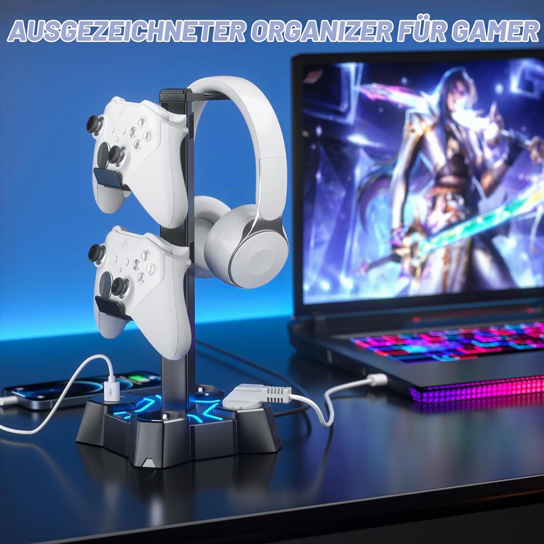 KDD Headset Halterung Led mit USB Ladestation, Controller Halterung &amp; Kopfhörer Ständer Tisch mit 2