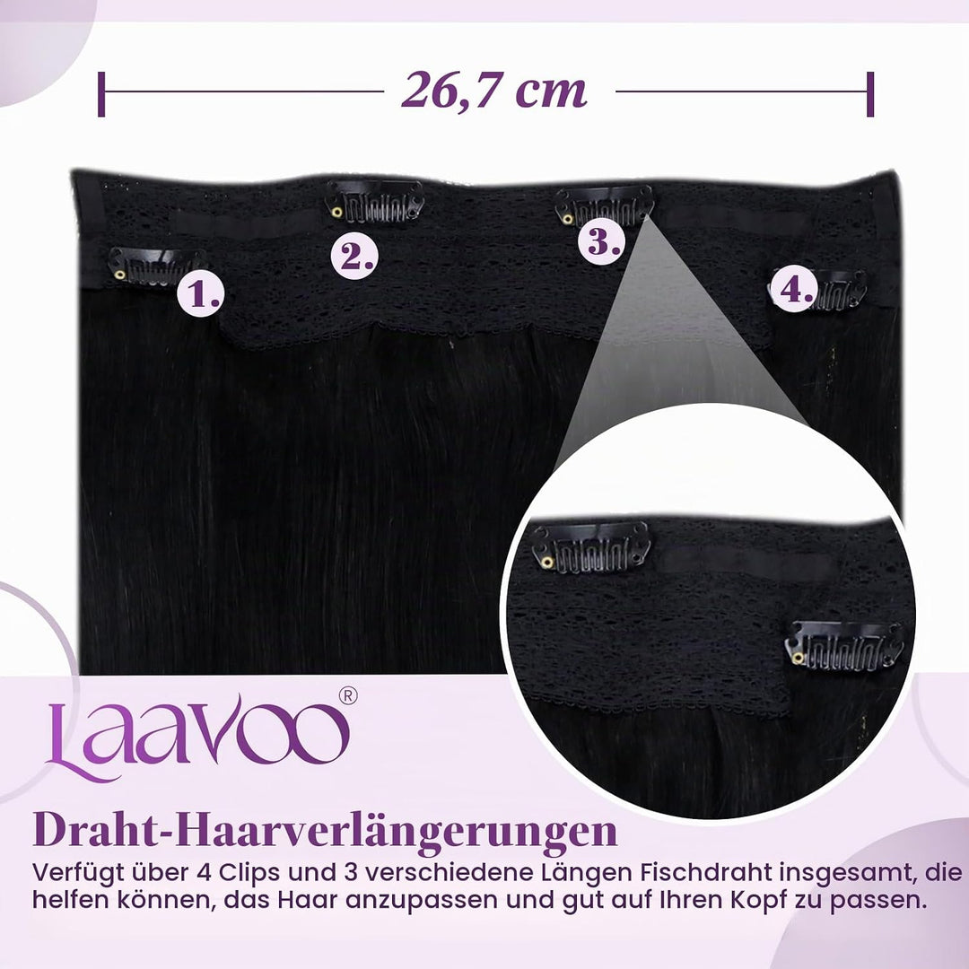 LaaVoo Unsichtbar Fish Line Echthaar Extensions mit Draht Schwarz Invisible Secret Wire Extensions E