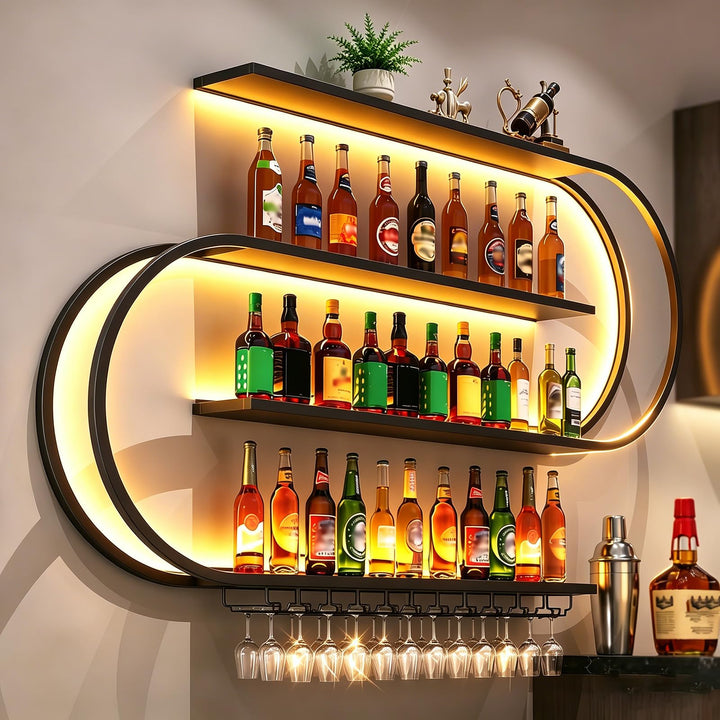 Weinregal zur Wandmontage, schwebendes Barregal mit 4 Ebenen, Industriedesign, Flaschenregal aus Met