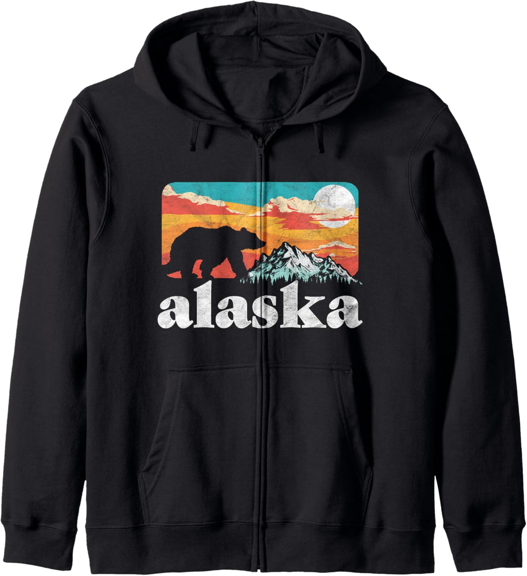 Alaska Retro Bear & Rocky Mountain Vintage 80s Graphic Kapuzenjacke