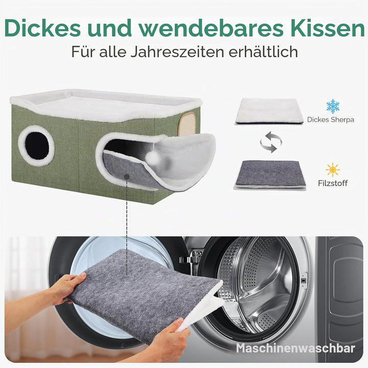 Faltbares Katzenhöhle, Katzenhaus Indoor grosse Katzen, 61T*45B*32H cm 2 Schicht Katzenwürfel, XXL K