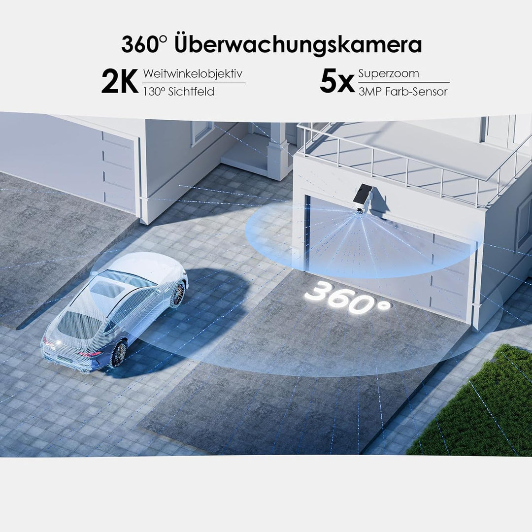 Alles in 1 Überwachungskamera Aussen Akku Solar, 2K, 100% Kabellos, 360° PTZ Kamera Überwachung Auss