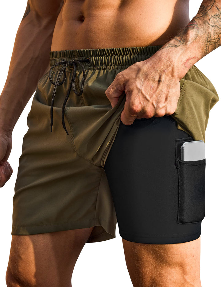 KBVOT Badehose Herren mit Kompression Liner Schnelltrocknend Badeshorts Männer Kurz Boardshorts Schw