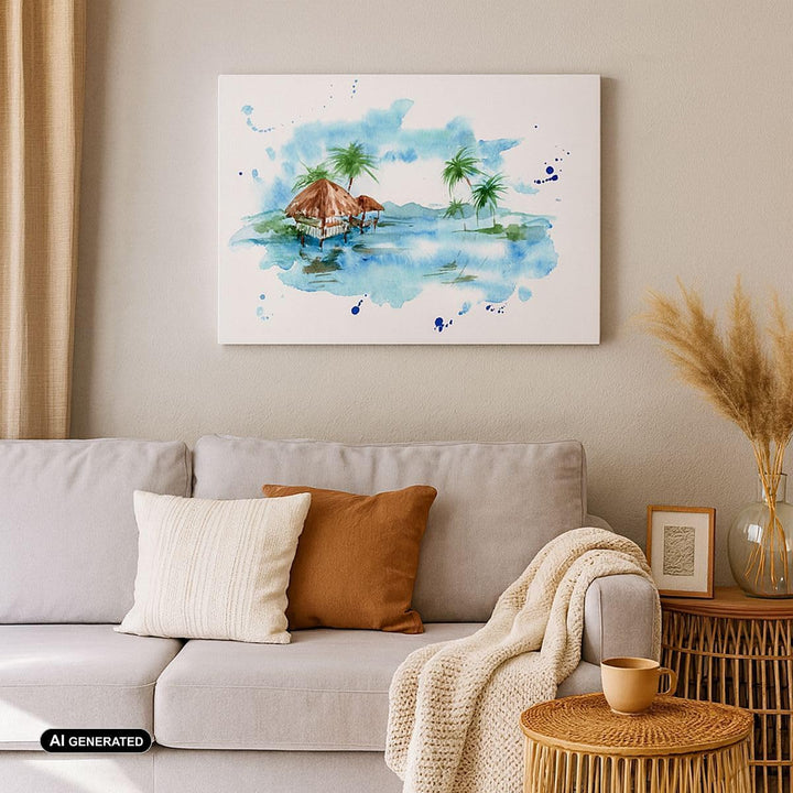 Bilder auf Leinwand 100x70cm Leinwandbild Tropen Wasser Bungalow Ufer Gross Wanddeko Bild Schlafzimm