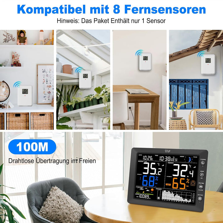 Urageuxy Wetterstation Funk mit Aussensensor, 8,3 Zoll VA-Farbdisplay, DCF Funkuhr, Wettervorhersage