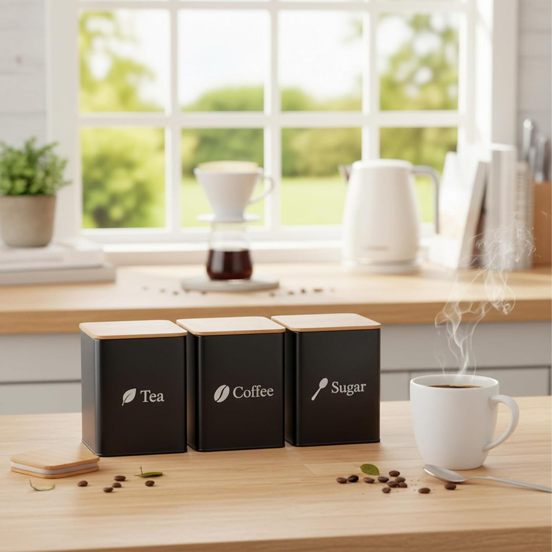 Relaxdays Vorratsdosen, 3er Set, Kaffee, Tee, Zucker, Metall, Bambusdeckel, HBT: 15x11x11 cm, Küchen