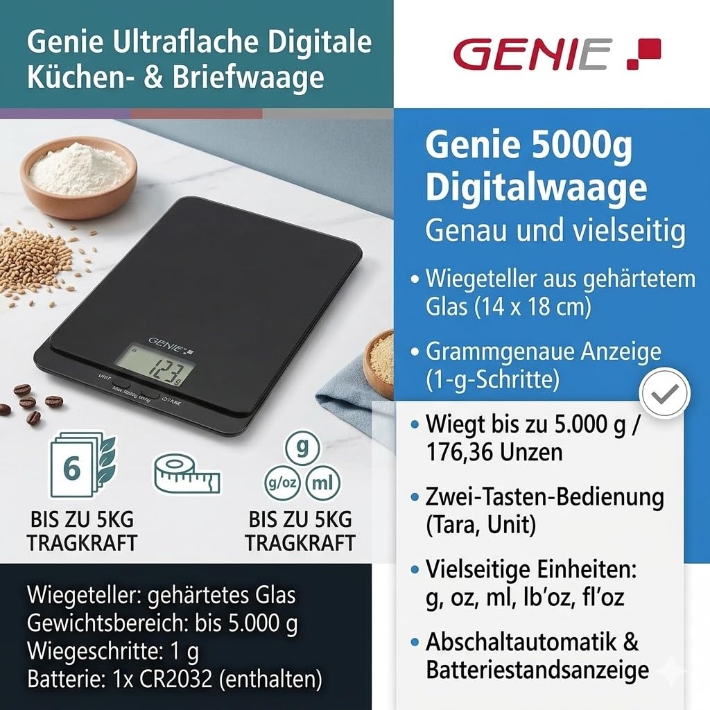 : GENIE Digitale Küchenwaage für Präzises Backen & Kochen - 5kg/1g, TARA-Funktion, LCD-Display, Inkl