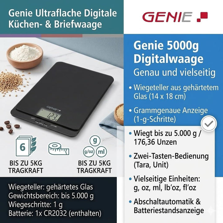 : GENIE Digitale Küchenwaage für Präzises Backen & Kochen - 5kg/1g, TARA-Funktion, LCD-Display, Inkl