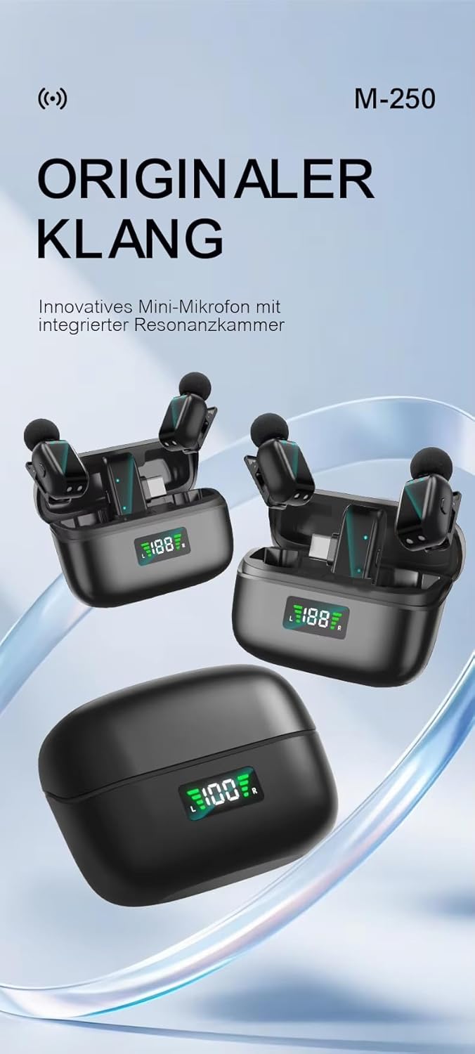 KO-Star Kabelloses Ansteckmikrofon M-250 (2er-Set mit Ladecase, USB-C Empfänger) – Funkmikrofon Hand