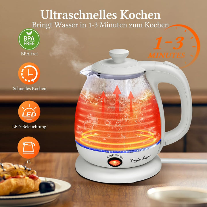 Taylor Swoden Wasserkocher Glas 1 Liter, 2200 W, Elektrischer Wasserkocher mit LED-Beleuchtung, BPA-