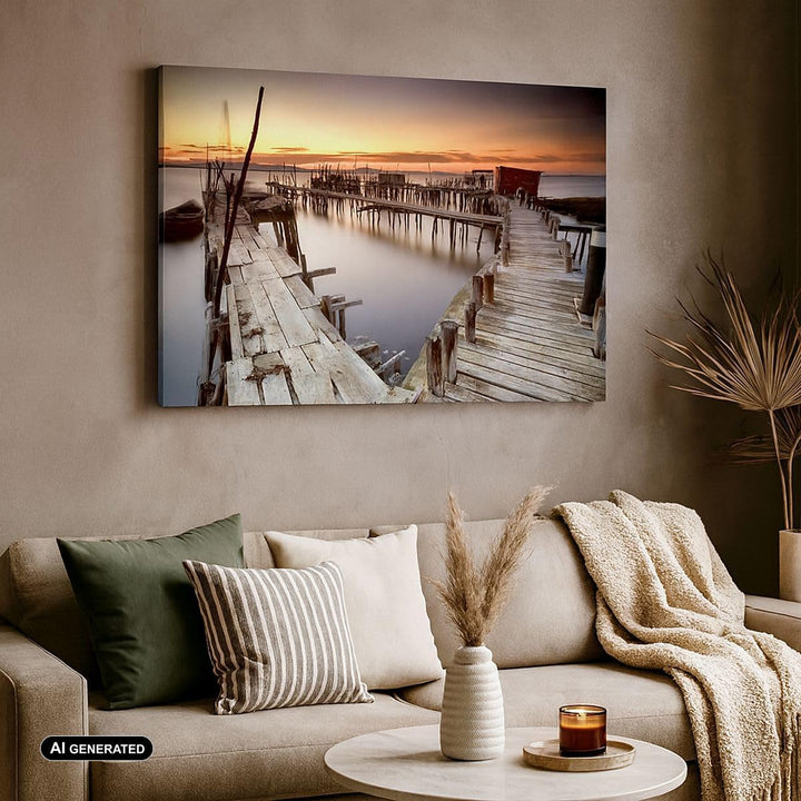 Bilder auf Leinwand Brücke Boot Meer Leinwandbild mit Rahmen 70x50cm Wandbilder Dekoration Wohnzimme
