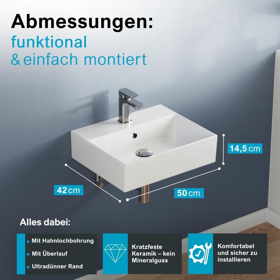 Aqua Bagno Handwaschbecken 50 cm Keramik Weiss, Hängewaschbecken rechteckig für Wandmontage, Aufsatz