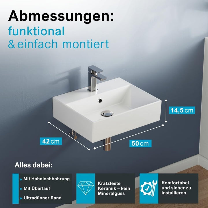 Aqua Bagno Handwaschbecken 50 cm Keramik Weiss, Hängewaschbecken rechteckig für Wandmontage, Aufsatz