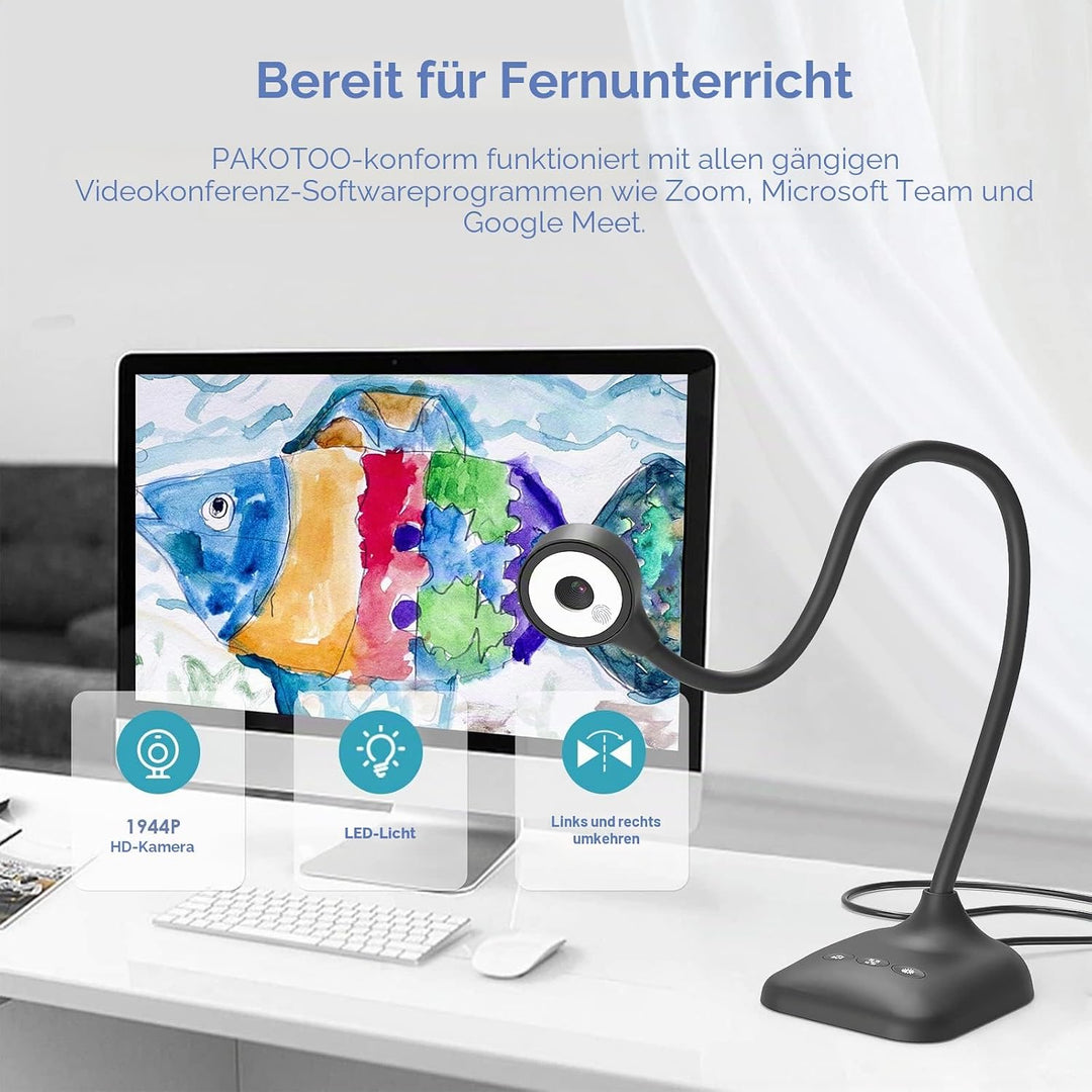 PAKOTOO USB Dokumentenkamera & Visualizer Schule im A3-Format, 3-stufige LED-Leuchten, Bildumkehrung
