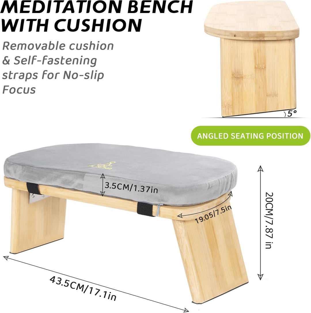 Meditationsbank Klappbar, Ergonomischer Bambus Yoga Hocker, Meditationshocker mit Kissen, Tragbarer