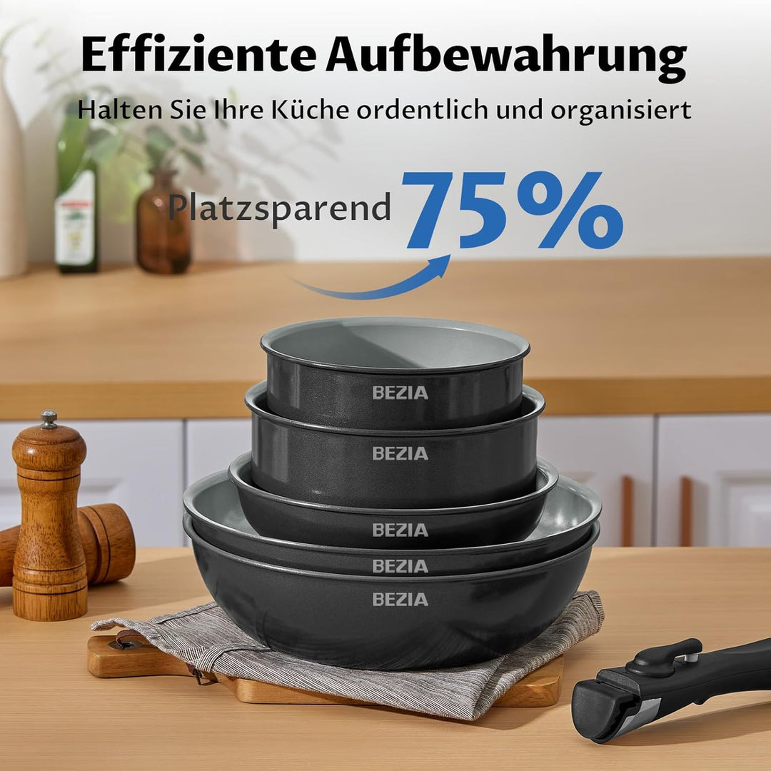 BEZIA Pfannenset mit abnehmbaren Griffen, Töpfe und Pfannen Set mit gesunder Keramikbeschichtung, In