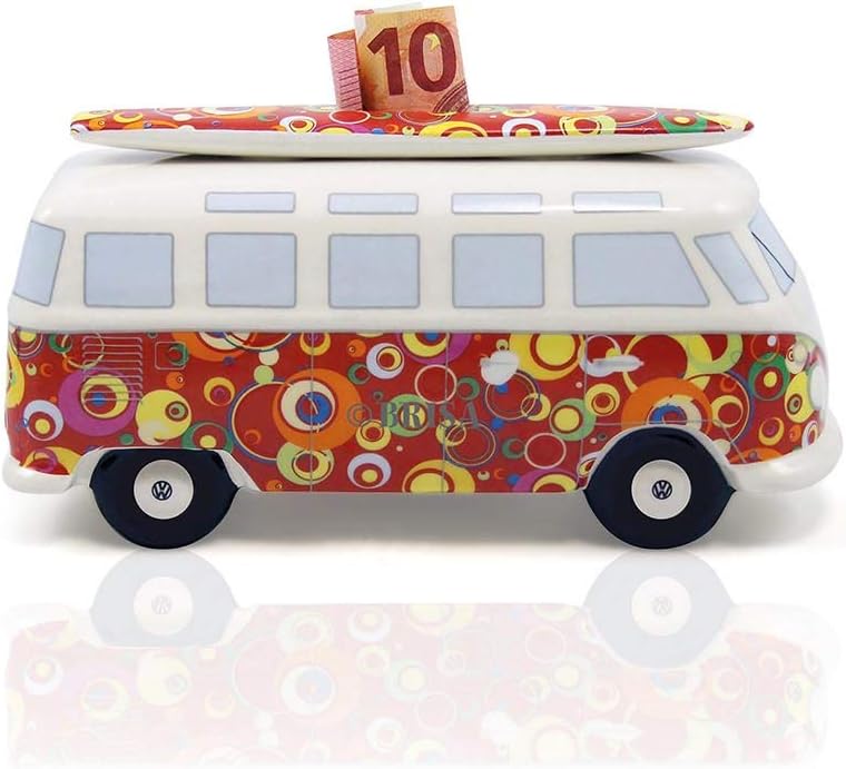 BRISA VW Collection - Volkswagen Spar-Büchse-Schwein-Dose mit Surfbrett im T1 Bulli Bus Samba Design
