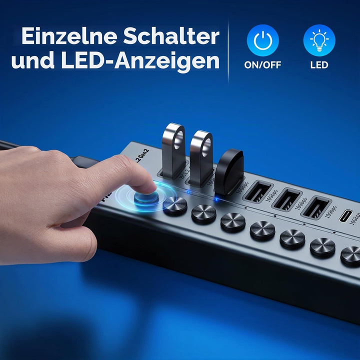 FIDECO 10 Ports USB Hub mit Netzteil, USB Hub Aktiv mit 1 BC1.2, 2 PD 45W Charging Port und 7 USB 3.