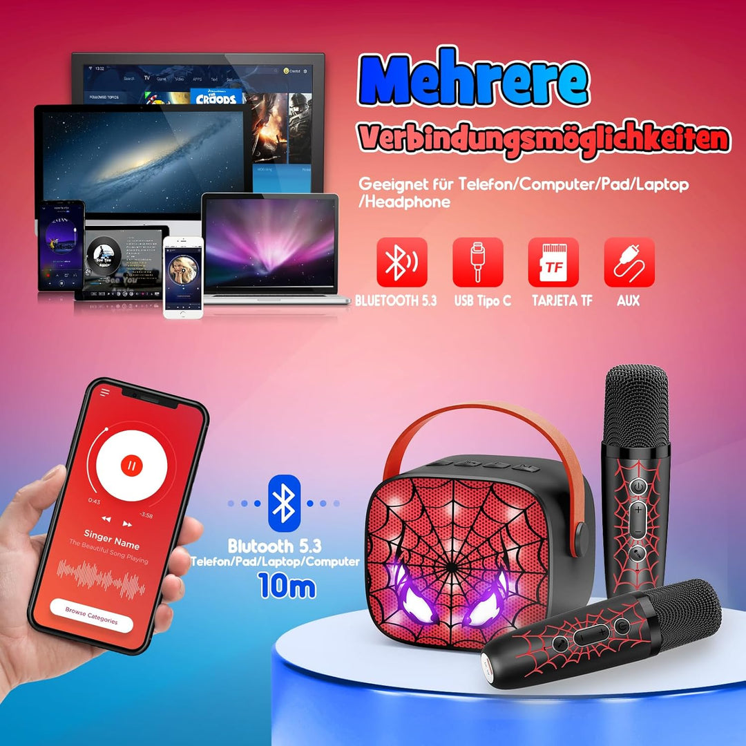 Braxel Karaoke Anlage Set mit 2 Bluetooth Mikrofonen Kinder, Spider Kinder Weihnachten Geschenk Jung