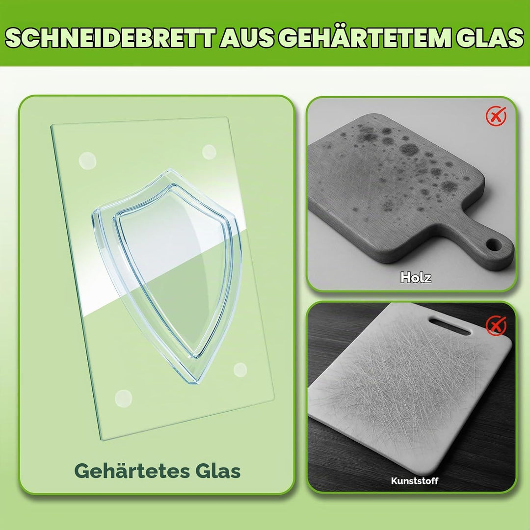 4 STÜCK Gehärtetes Glas Schneidebrett Küche, Transparentes mit Rutschfesten Füssen für Arbeitsplatte