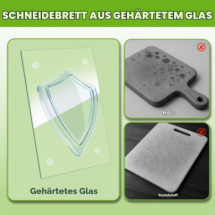 4 STÜCK Gehärtetes Glas Schneidebrett Küche, Transparentes mit Rutschfesten Füssen für Arbeitsplatte