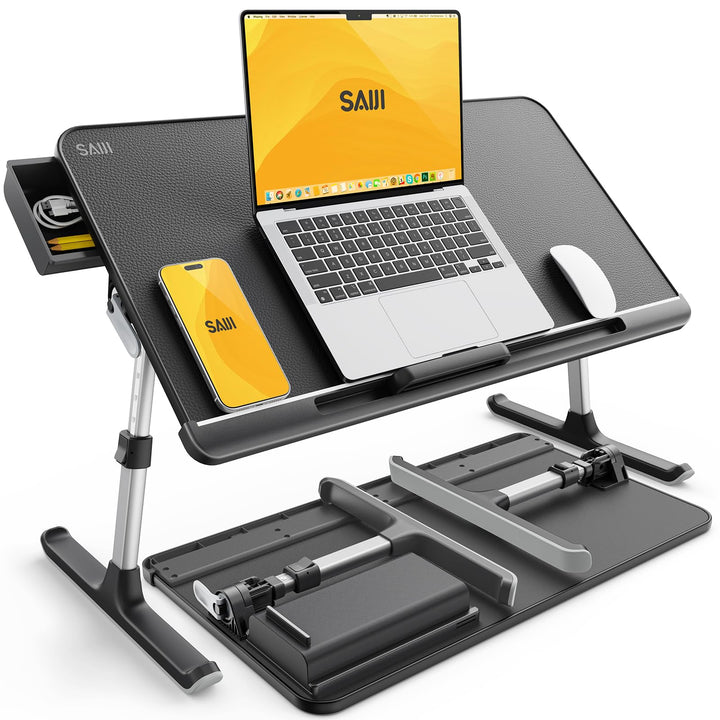 Laptoptisch Betttisch, SAIJI 100% E0 Eco Holzplatte Verstellbarer Betttisch, mit Schublade, klappbar