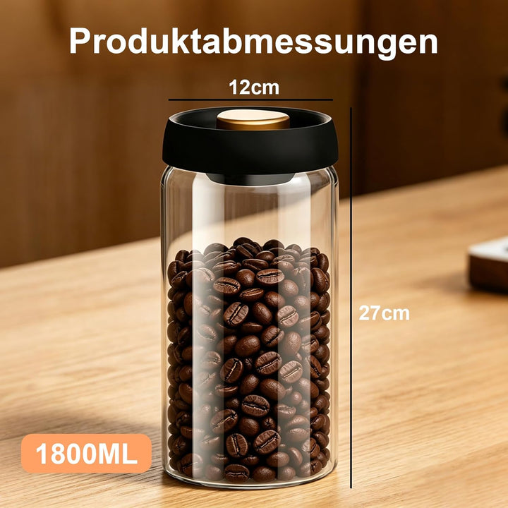 Kaffeedose 1800 ml – Vakuum-Kaffeedose aus Borosilikatglas (schwarz-gold) Kaffeebohnenbehälter, geei