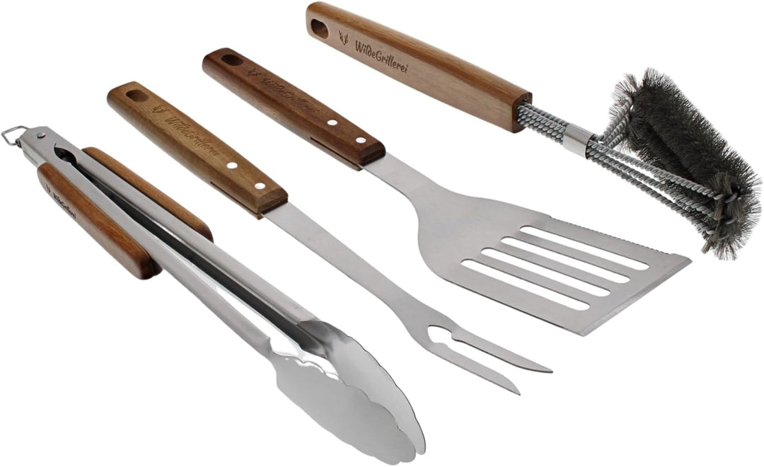 Grillbesteck Set 4-teilig aus Edelstahl Grill-Set 42 cm mit Holzgriffen und Aufhänge-Ösen Grillzubeh