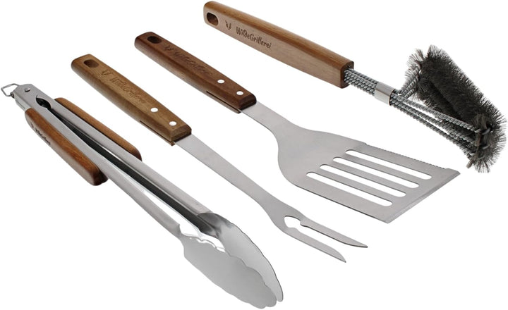 Grillbesteck Set 4-teilig aus Edelstahl Grill-Set 42 cm mit Holzgriffen und Aufhänge-Ösen Grillzubeh