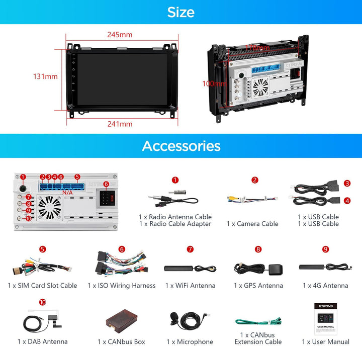 XTRONS Android 14 Autoradio DAB Plus für Mercedes-Benz W169 W245 Sprinter Viano für VW Crafter, 9 Zo