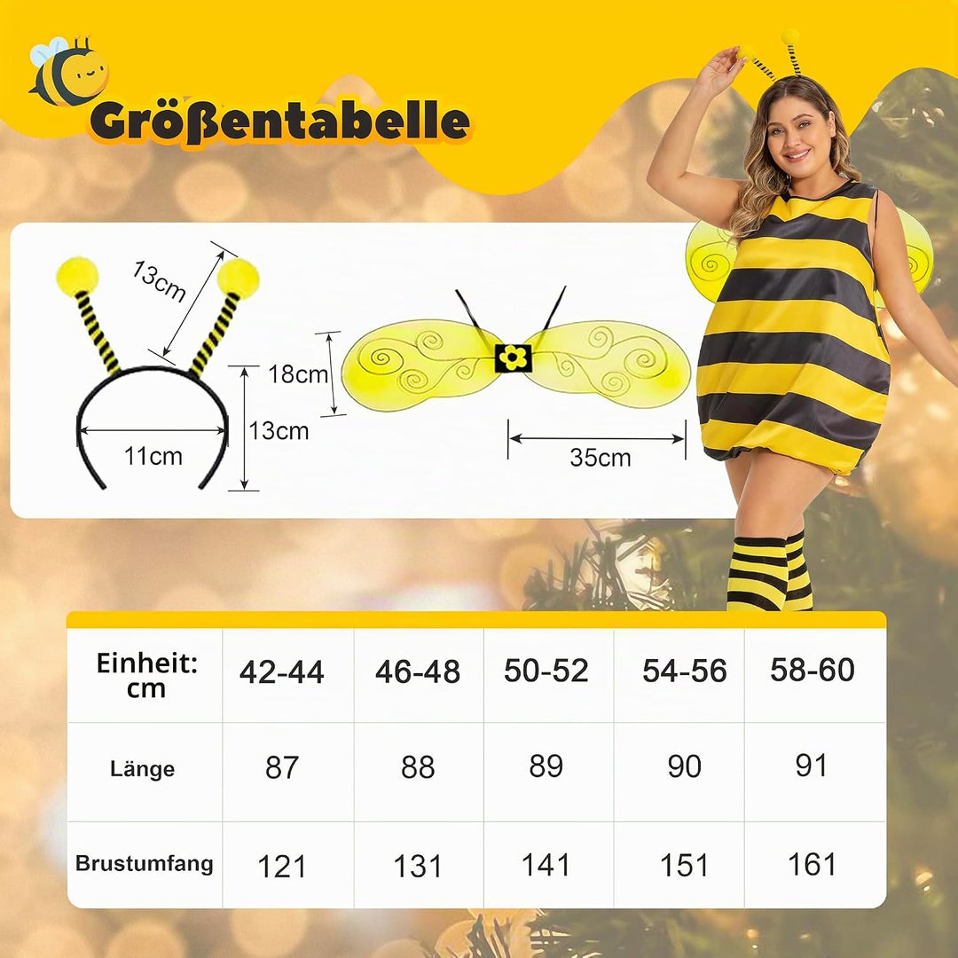 cuteDIY Grosse Grössen Bienenkostüm Erwachsene Bienen Kostüm Damen 42-60, Bienenkostüm Kinder 92-140