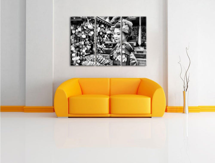 Pixxprint Anmutige Geisha mit Fächer als Leinwandbild | Grösse: 3 Teilig (120x80) | Wandbild| Kunstd
