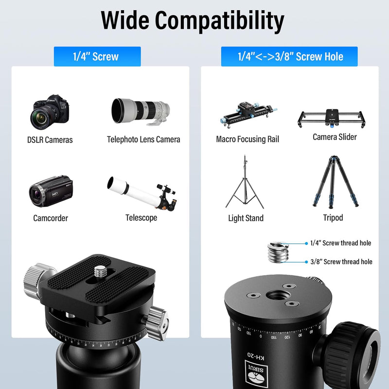 SIRUI Stativkopf KH-20, 360 Doppelte Panorama Kopf mit 36 mm Kugelkopf und 1/4 Zoll Schnellwechselpl