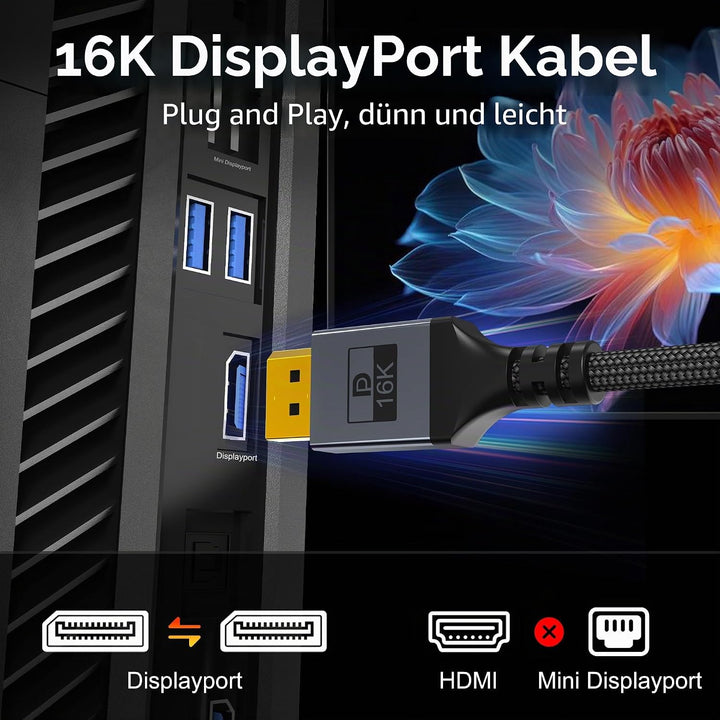 DisplayPort 2.1 Kabel / 16K DP 2.1, 16K@60Hz, 8K@240Hz, 4K@480Hz Unterstützt 80Gbps HDR DSC1.2a Free