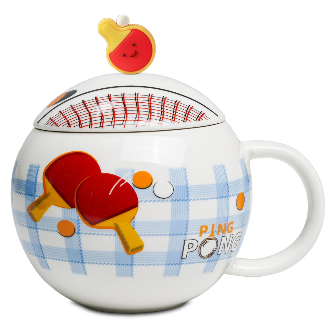 Lustige Tischtennis Kaffeetasse, Pingpong Keramik Becher, Ballform Cappuccino Tassen mit Deckel, Ges