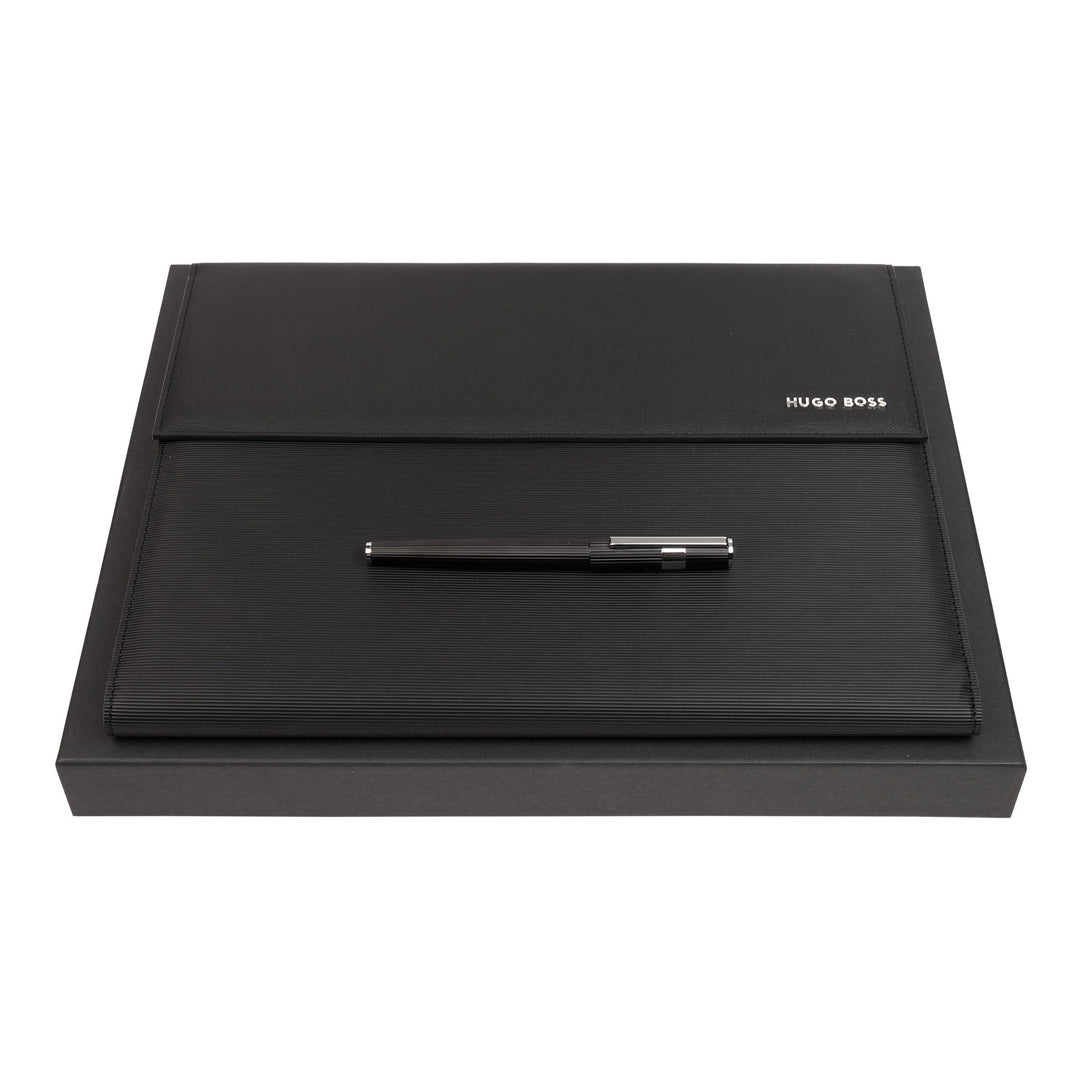 Hugo Boss Schreib-Set Tintenroller Gear Pinstripe und A4 Schreibmappe Pinstripe in der Geschenkbox,