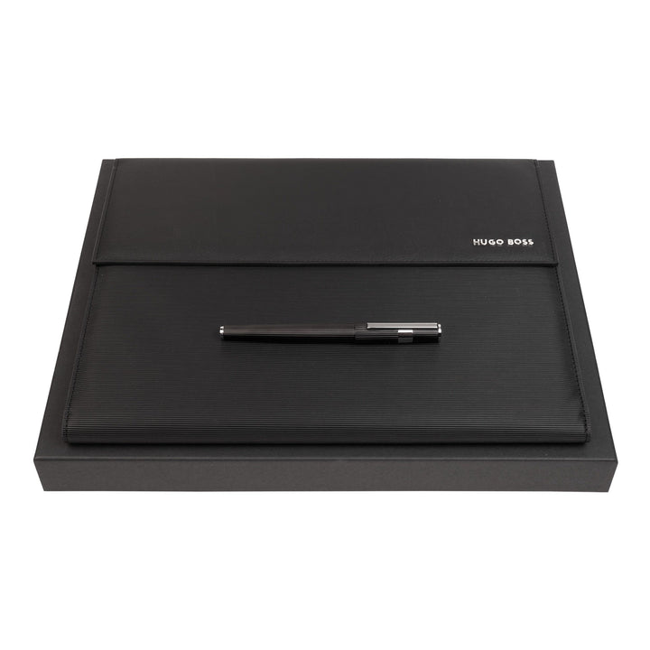 Hugo Boss Schreib-Set Tintenroller Gear Pinstripe und A4 Schreibmappe Pinstripe in der Geschenkbox,