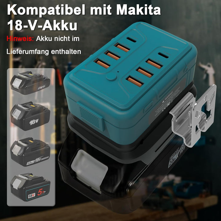8-in-1 Ladeadapter & USB Adapter für Makita 18V Akkus - Handy Ladegerät mit 6X USB-A & 2X Type-C Sch