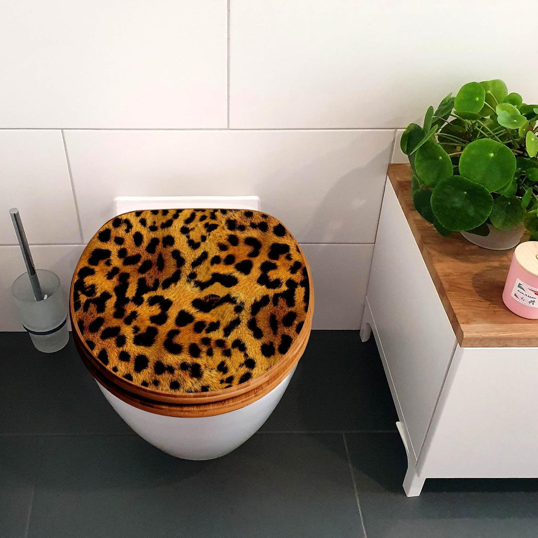 banjado® Design WC Sitz Bambus Absenkautomatik mit Motiv Leopard/Toilettendeckel mit Absenkautomatik