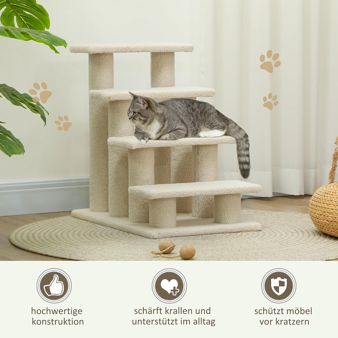 PawHut Tiertreppe Katzentreppe Hundetreppe Treppe für Katze und Hunde 4 Stufen Beige 63,5x43x60cm, B