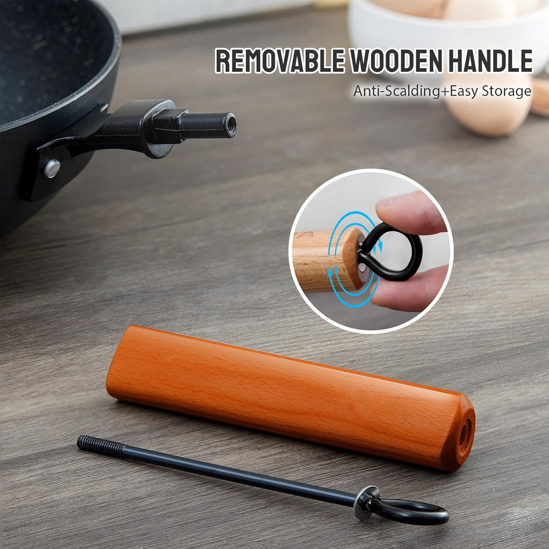 BEZIA Wokpfanne mit Deckel, Wokpfanne Induktion, Wok Pfanne 32 cm antihaftbeschichtet mit Holzgriff,