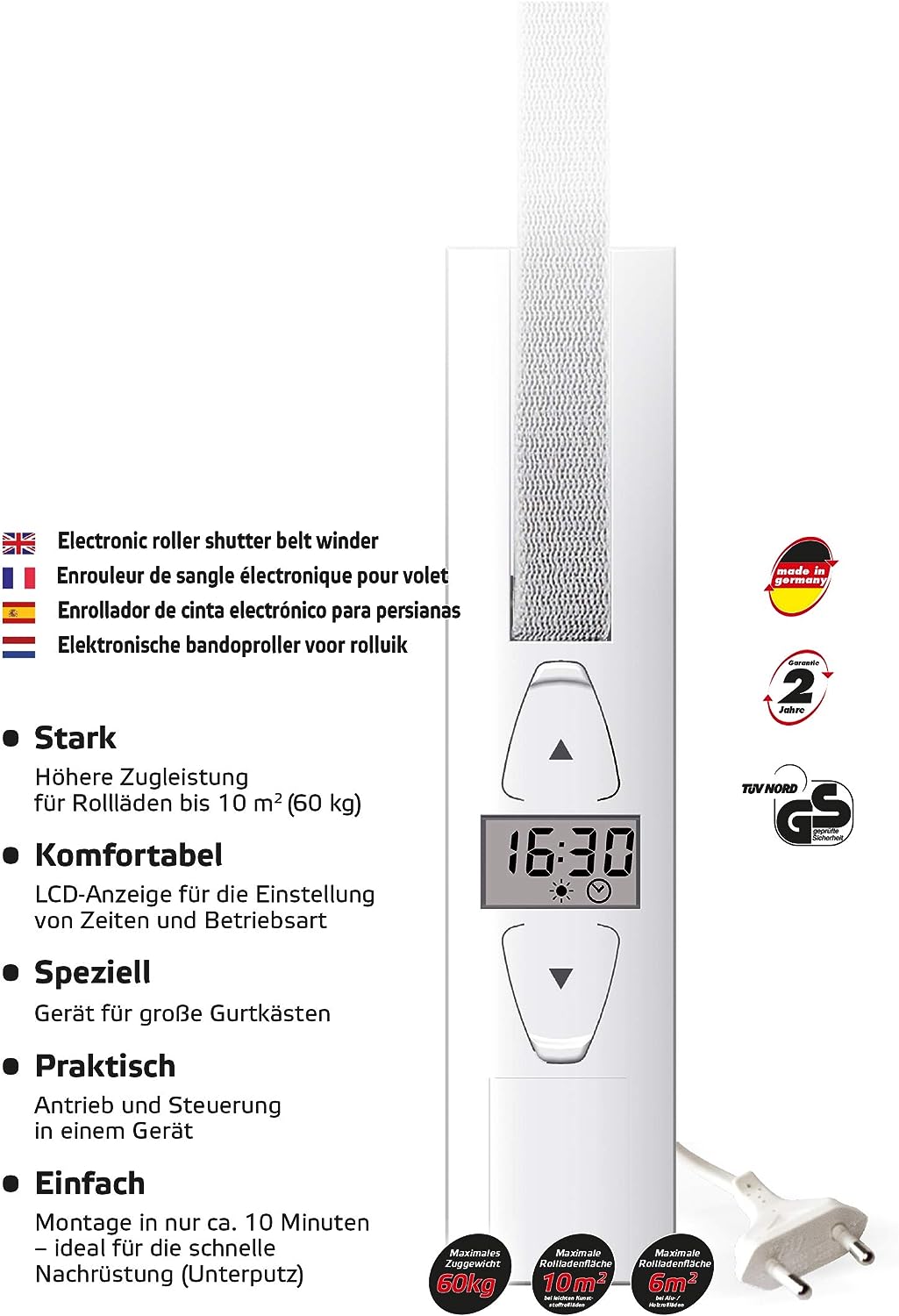 SuperRollo GW255 elektrischer Gurtwickler, Display & Komfort, Unterputz, für 23 mm, Rolladenantrieb