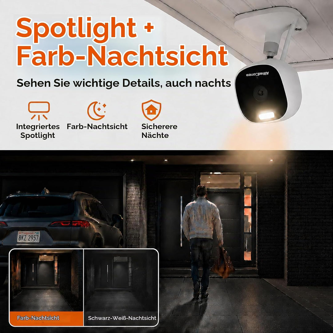 AlfredCam Plus 2 Überwachungskamera Aussen, 2.5K 4MP, Farb-Nachtsicht, LED-Scheinwerfer, IP65 wetter