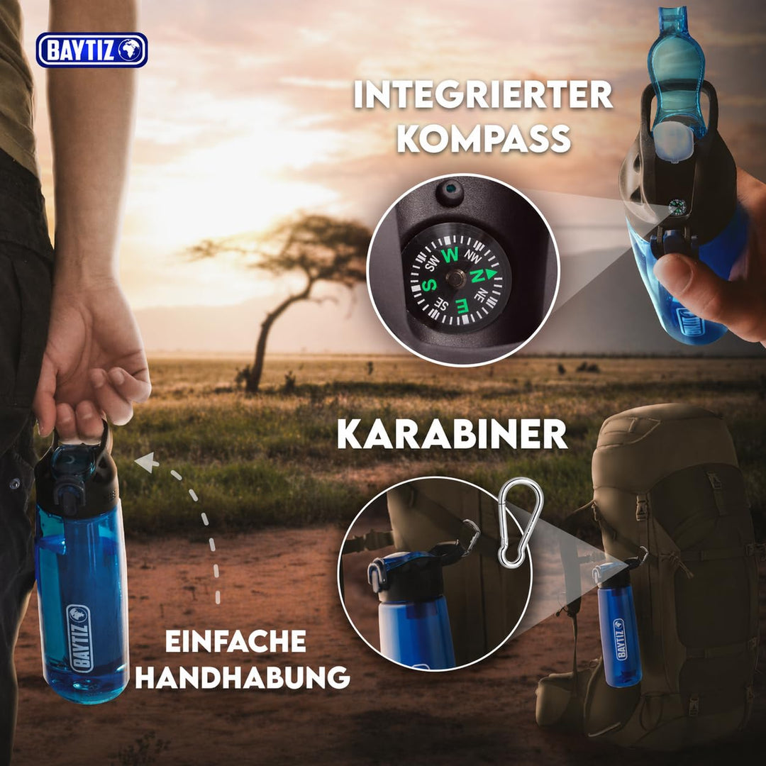 BAYTIZ- Trinkflasche + Strohhalm Filter + Carabiner - Wasserfilter Outdoor mit Aktivkohle - Sport Üb
