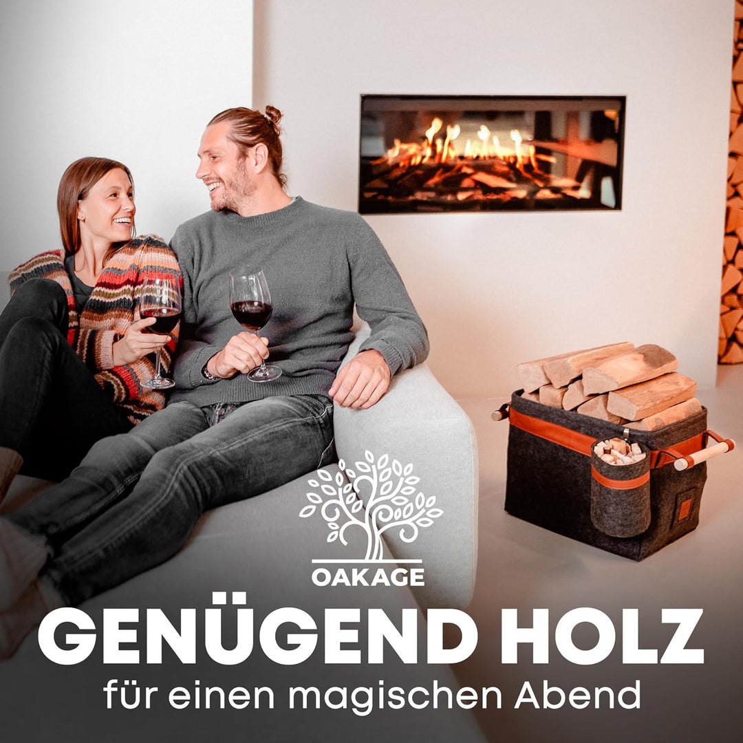 OAKAGE® Holzkorb für Kaminholz Gross mit Zündholzkorb [Integrierter Metallrahmen für Zusatzstabilitä