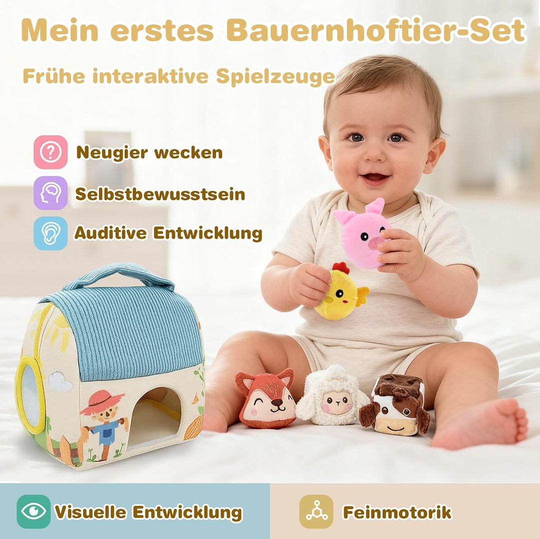 Montessori Baby Spielzeug ab 6 -12 Monate, Weiches Bauernhof-Set mit 5 Tieren, Rassel & Spiegel, Sen