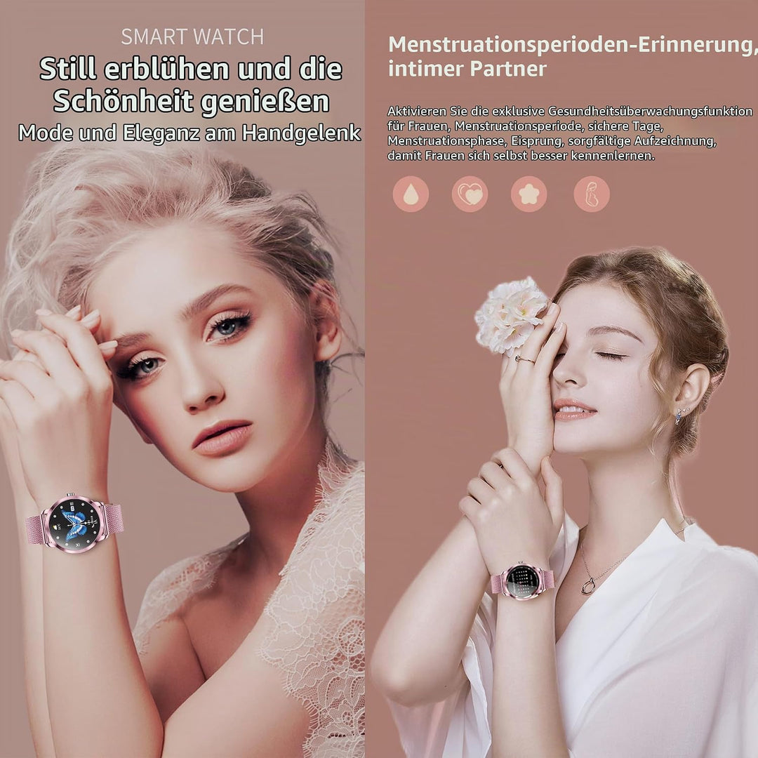 Smartwatch Damen mit Telefonfunktion, 1,09” Fitnessuhr mit 123 Sportmodi, Pulsmesser, Schlafmonitor,